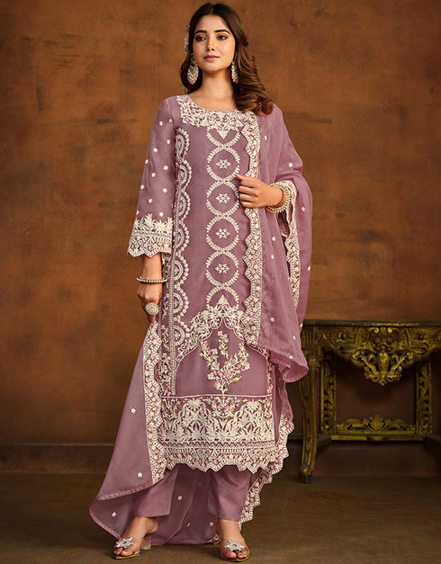 Designer Party Wear Net Salwar Suit Collection Dull Purple Soft Organza Pant Pakistani Suit Close-up View